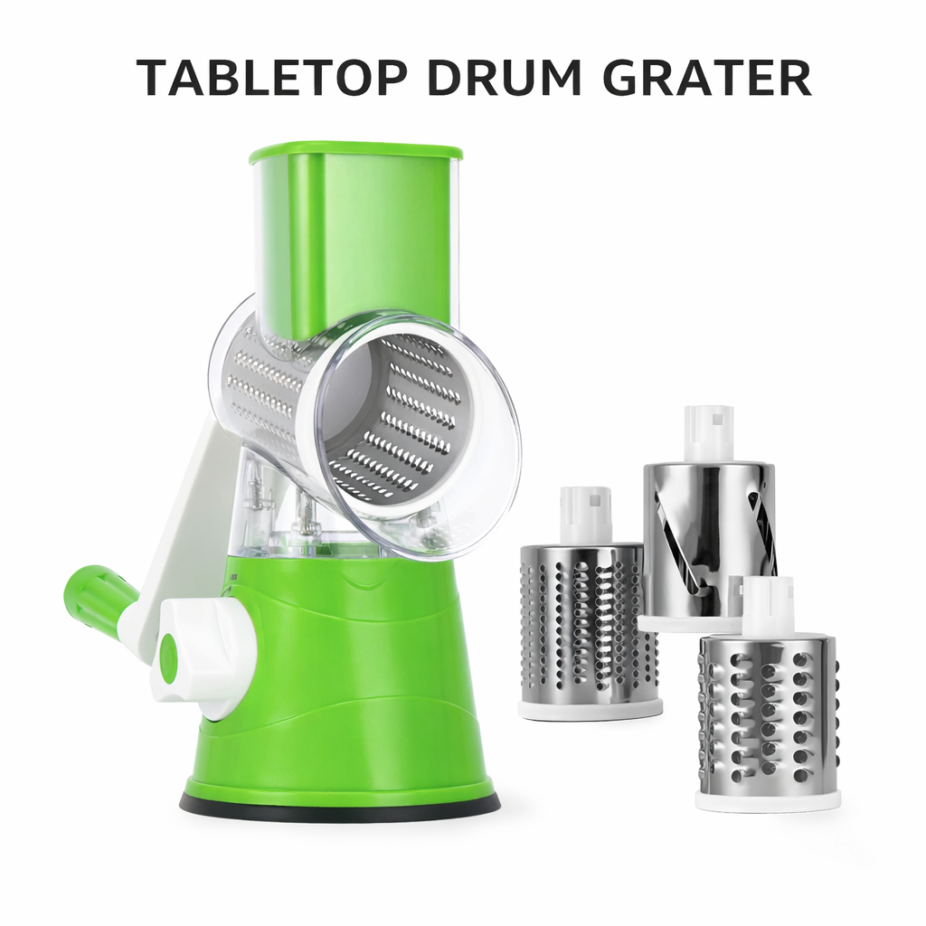 Tabletop Drum Grater – Stainless Steel Vegetable Slicer & Shredder (3 Interchangeable Blades)