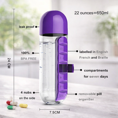 7-Day Pill Organizer Water Bottle – BPA Free Leak-Proof Medicine Bottle with Weekly Pill Box (650ml)